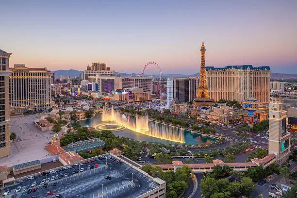 Aerial view of Las Vegas strip in Nevada as seen at night USA