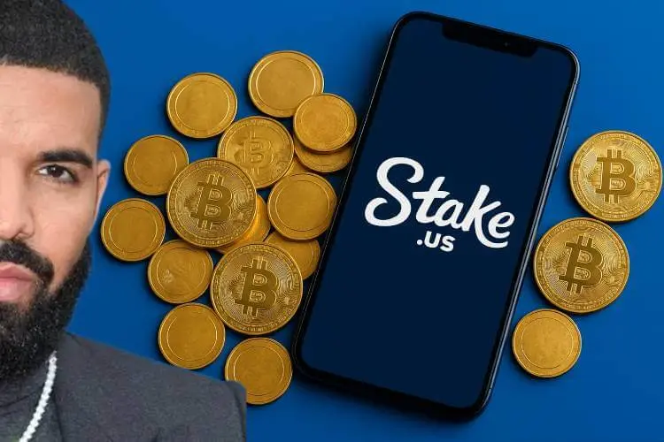 Partial image of Drake, a smartphone showing the Stake.us logo surrounded by Bitcoin and gold coins on a blue background, representing the Drake sued over Stake lawsuit.