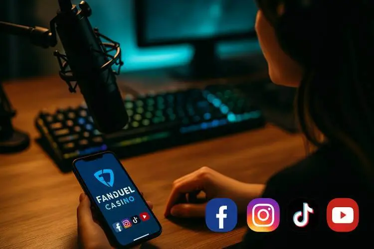 A streamer’s desk with a smartphone displaying the FanDuel Casino app and social media icons for Facebook, Instagram, TikTok, and YouTube, symbolizing the FanDuel Casino and Lady Luck HQ partnership.
