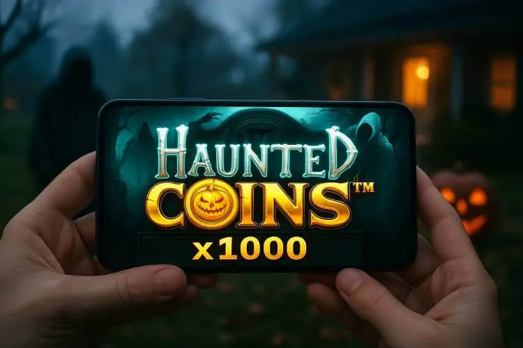 A person holding a smartphone showing Wazdan’s Haunted Coins™ x1000 slot game, set in a Halloween-themed scene