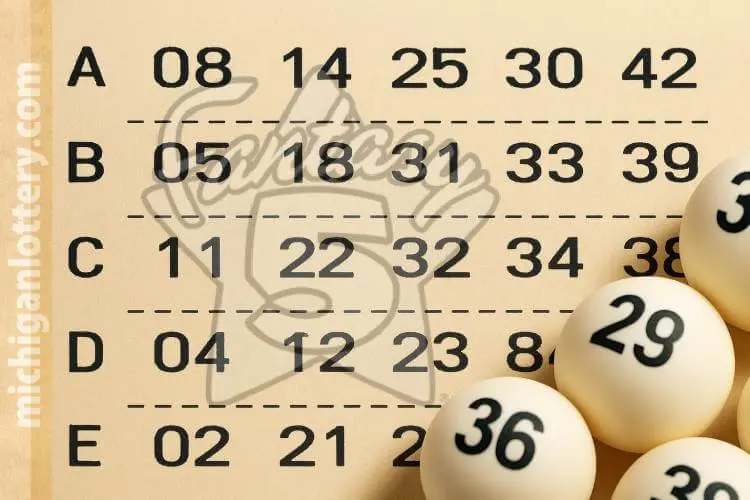 Close-up of a Michigan Fantasy 5 lottery ticket showing multiple lines of two-digit numbers with white lottery balls.