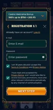 MonsterWin Casino registration screenshot