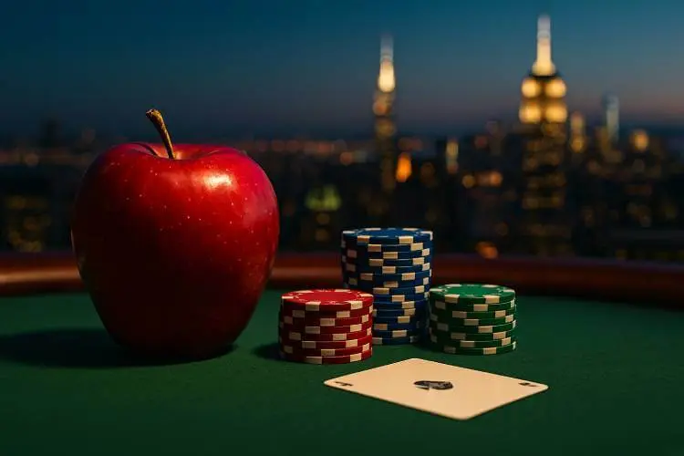 A glossy red apple surrounded by casino chips on a reflective table with a blurred New York City skyline in the background, symbolizing New York’s casino expansion.