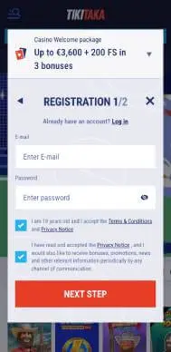 Tikitaka Casino signup screenshot