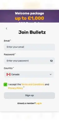 Bulletz Casino signup screenshot