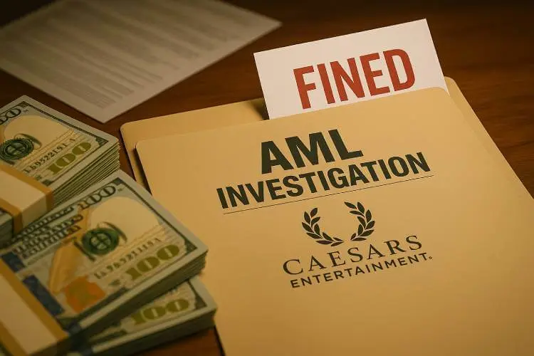 A photo of an AML investigation folder labeled “Caesars Entertainment” with a “FINE” notice partially visible inside, placed on a wooden desk beside stacks of hundred-dollar bills and blurred financial documents.