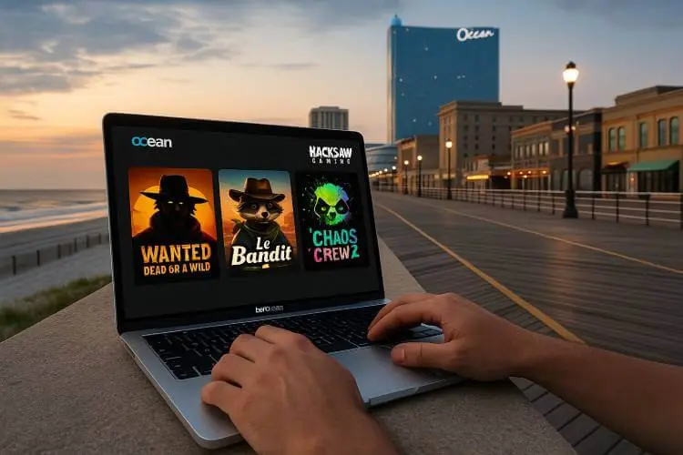 Photo-realistic image showing a laptop and smartphone on a wooden desk displaying Hacksaw Gaming slot thumbnails and logo, with the Atlantic City Boardwalk and Ocean Casino Resort visible through the window at sunset.