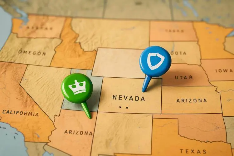A close-up of a U.S. map focused on Nevada with two removed push pins in green and blue, symbolizing DraftKings and FanDuel withdrawing from the state’s sports betting market.