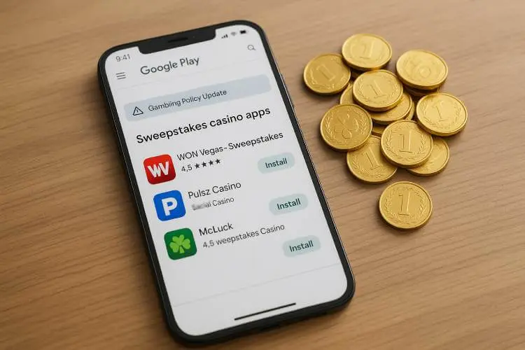 Smartphone showing Google Play Store screen with sweepstakes casino apps and a “Gambling Policy Update” banner beside stacked gold coins.