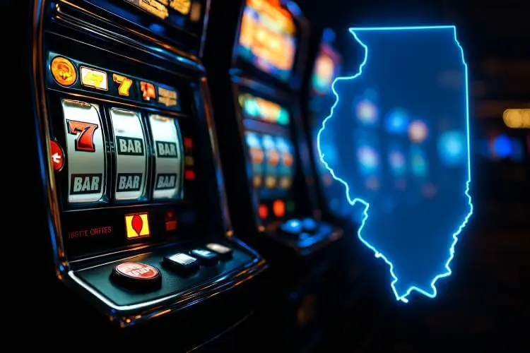 A realistic landscape photo of illuminated slot machines with a glowing outline of the state of Illinois overlaid in the background, used to illustrate Illinois casino revenue trends.