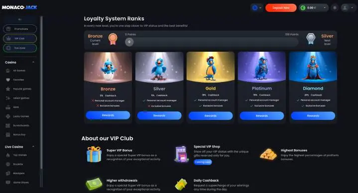 MonacoJack Casino lotalty screenshot
