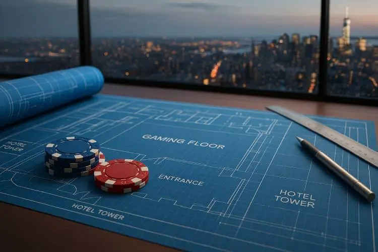 A detailed casino blueprint on a desk with poker chips, drafting tools, and the New York City skyline in the background, symbolizing upcoming casino developments in NYC.