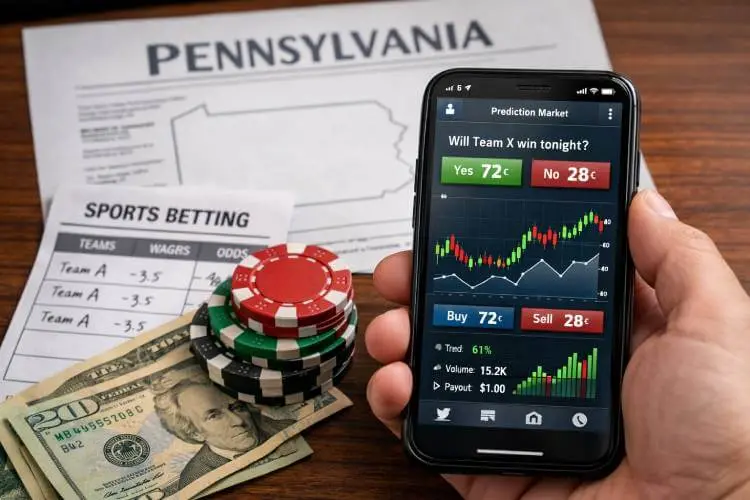 Smartphone showing prediction market data next to casino chips, betting slip, and cash, illustrating Pennsylvania gambling and trading concerns.