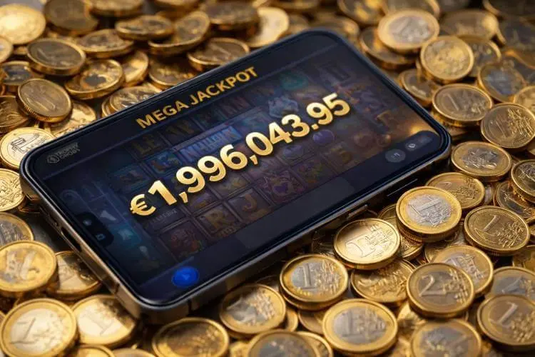 Mobile casino screen showing a €1.99 million Dream Drop Mega Jackpot win surrounded by euro coins