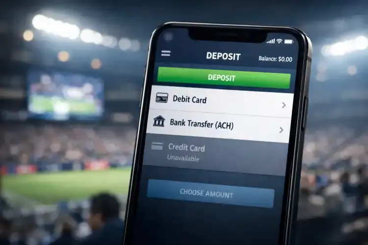 Smartphone displaying sports betting deposit screen with credit card option unavailable, illustrating FanDuel ending credit card deposits in the U.S.